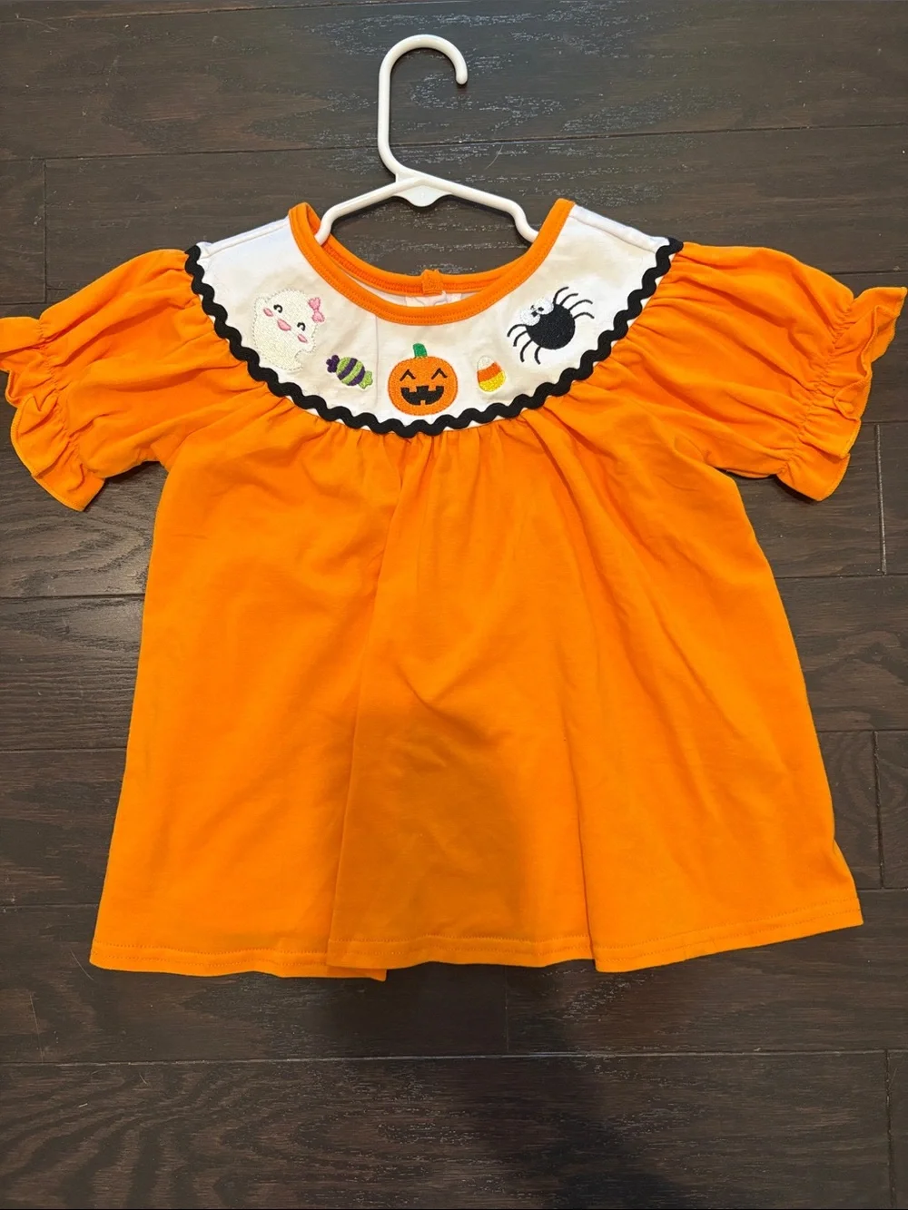Girls Orange Pumpkin & Spider Ruffle Top with Orange/Black Striped Flare Bottoms